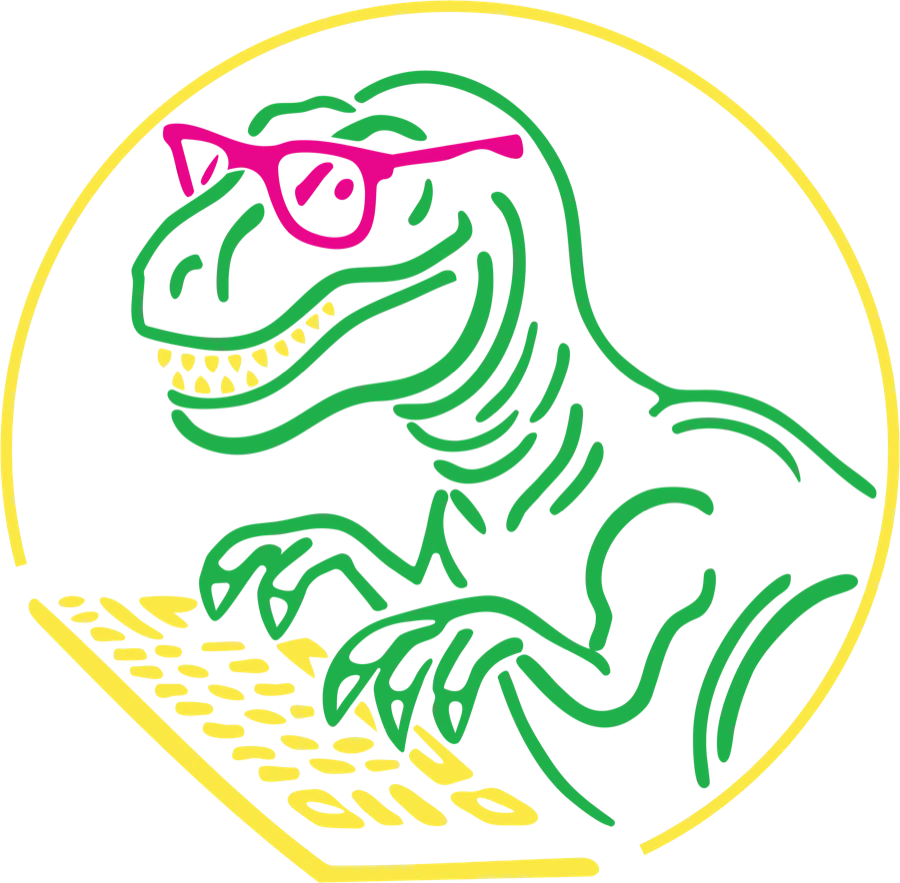 Marketing Dinosaur logo: a neon T-rex in pink glasses typing on a keyboard